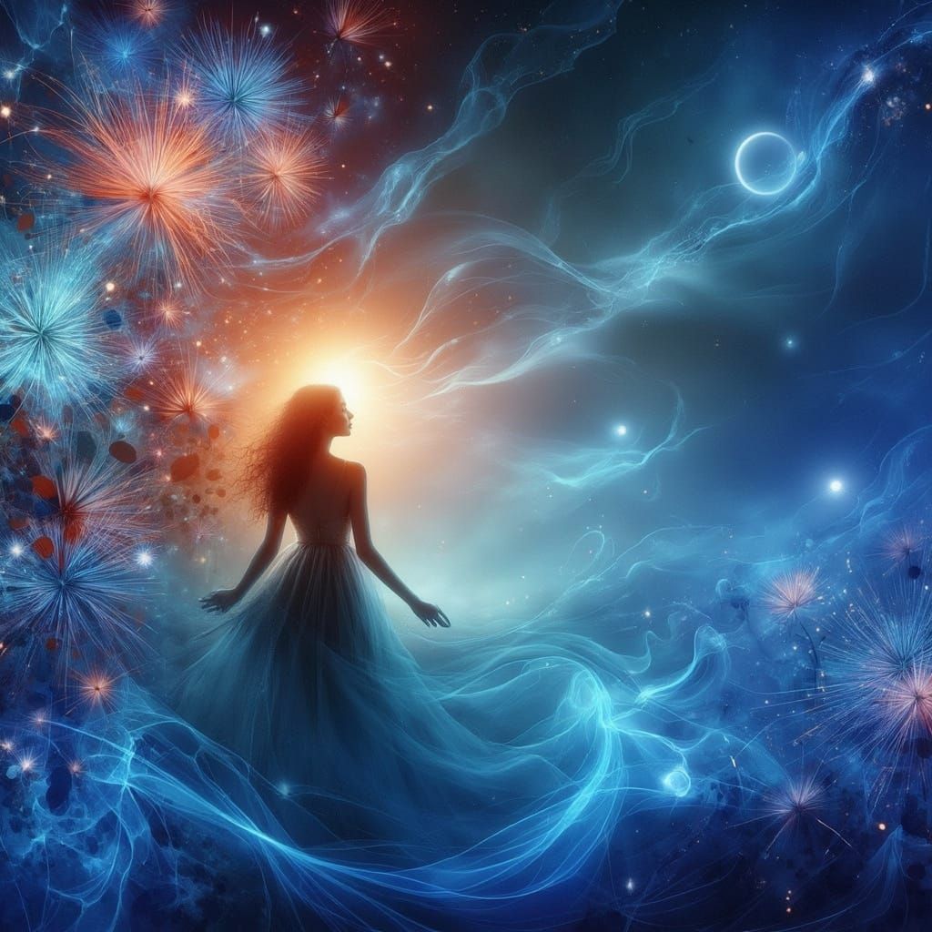 Glowing Woman in Blue Flower Meadow, Digital Art