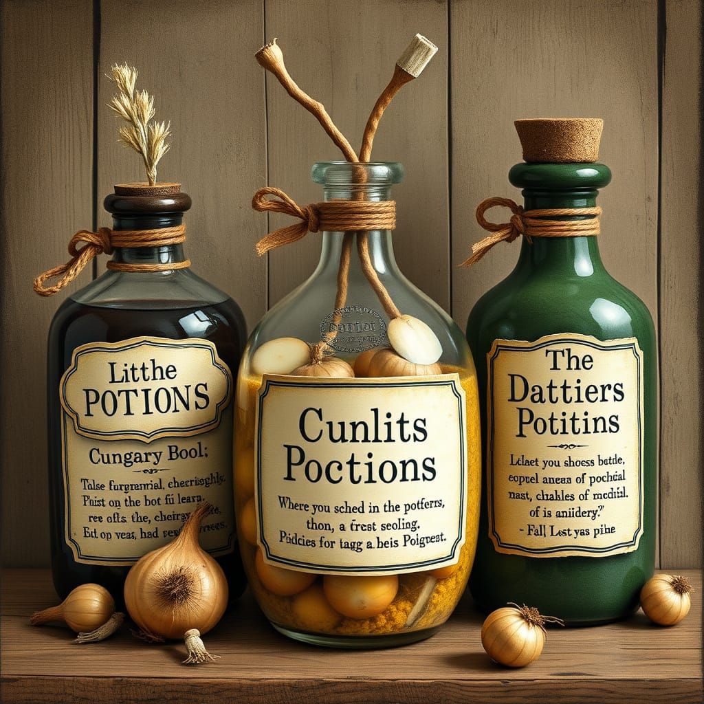 Whimsical Apothecary Potions with Onions and Quirky Labels