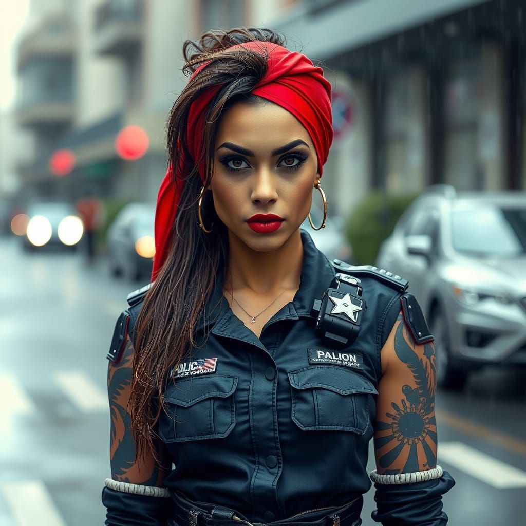 Fierce Futuristic Policewoman in Bold Red Hijab