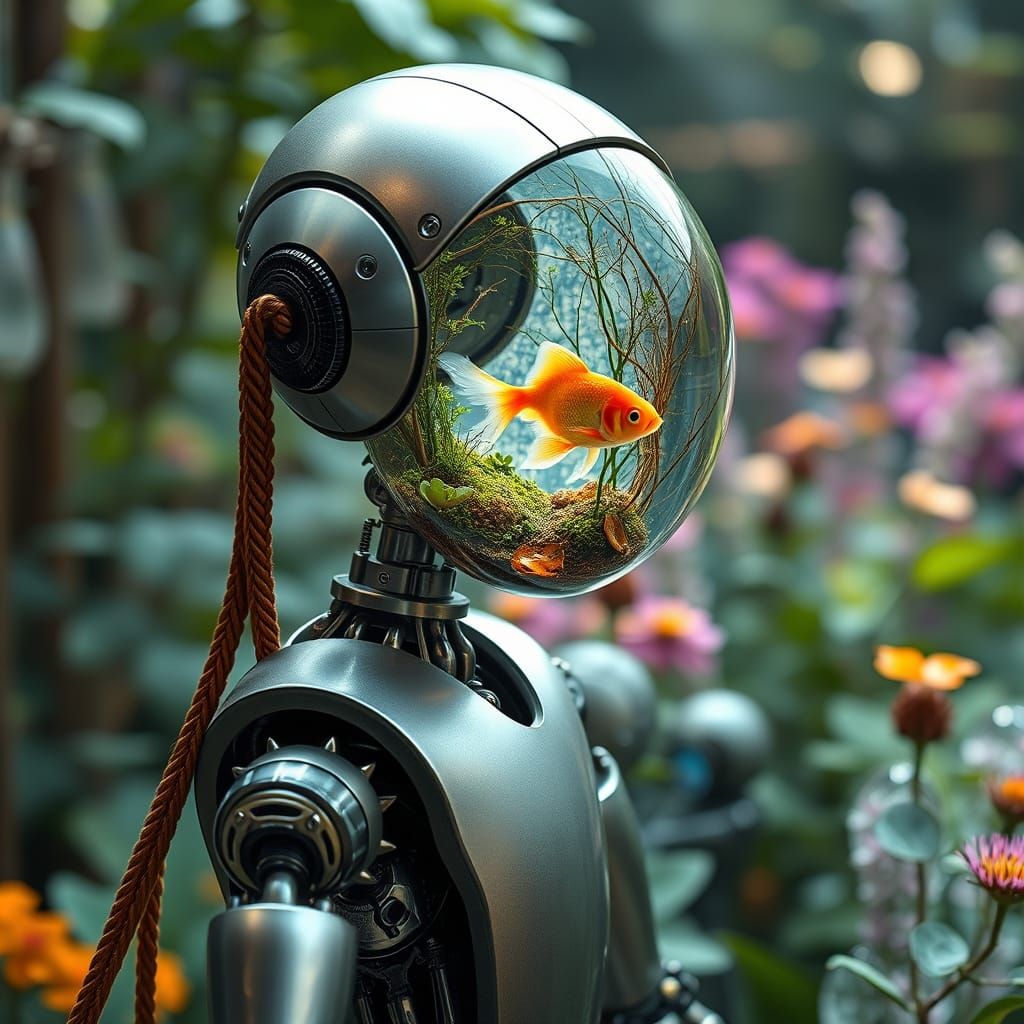Robot in Futuristic Garden Blending Metal and Nature