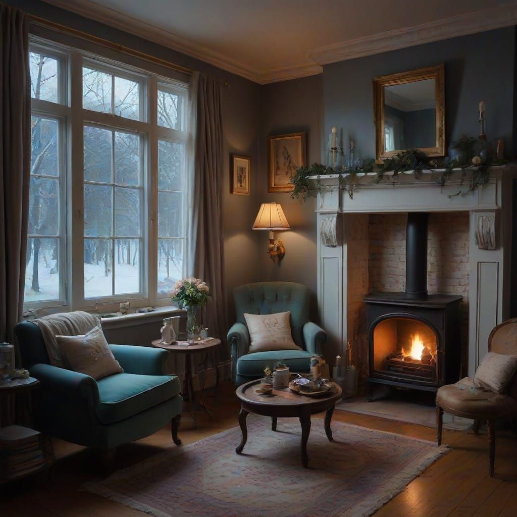 A cozy, wintery room with a softly glowing fireplace, snow gently falling outside. The air is thick with a lilac mist, e...