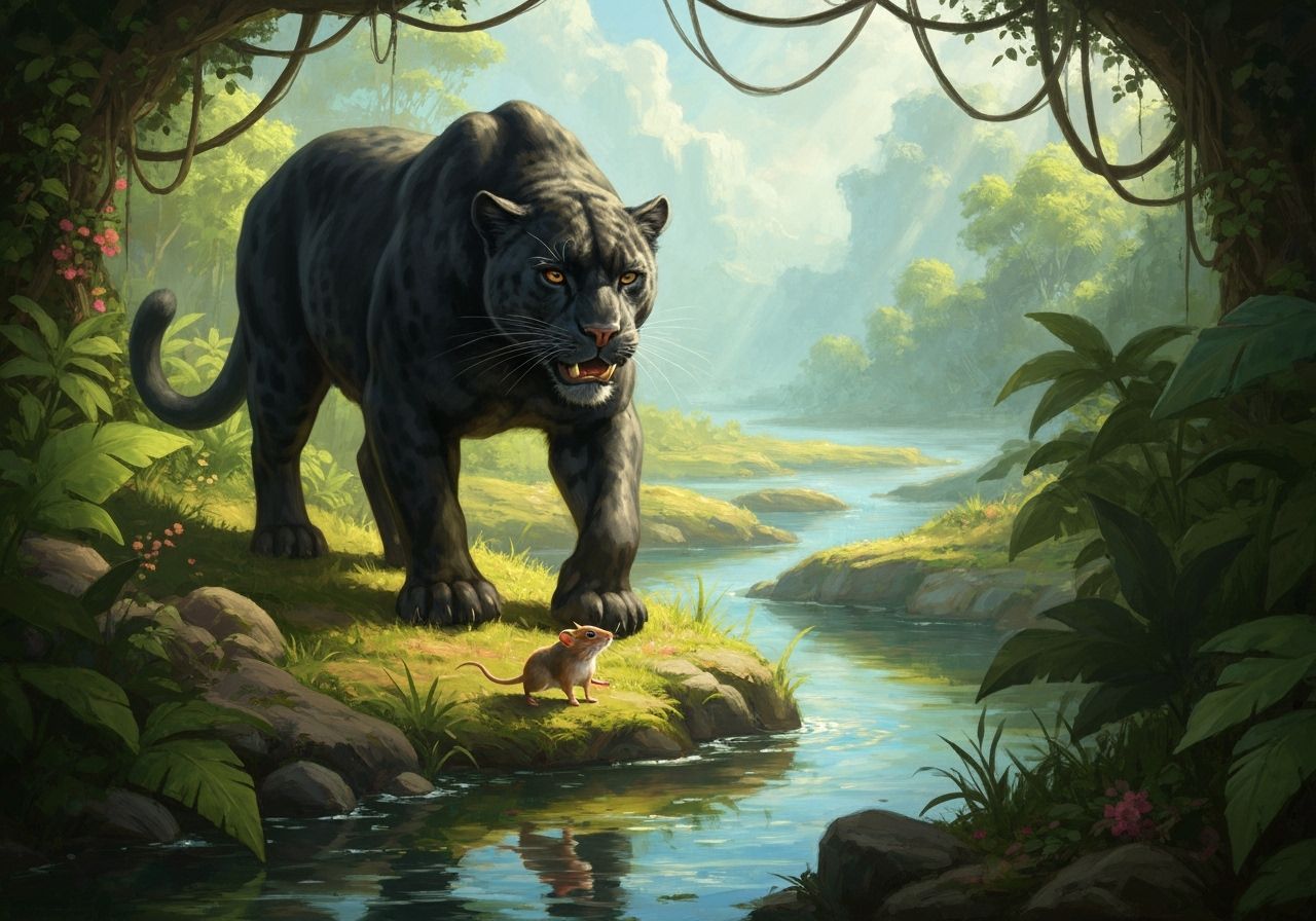 Panther and Mouse Adventure in Vibrant Jungle