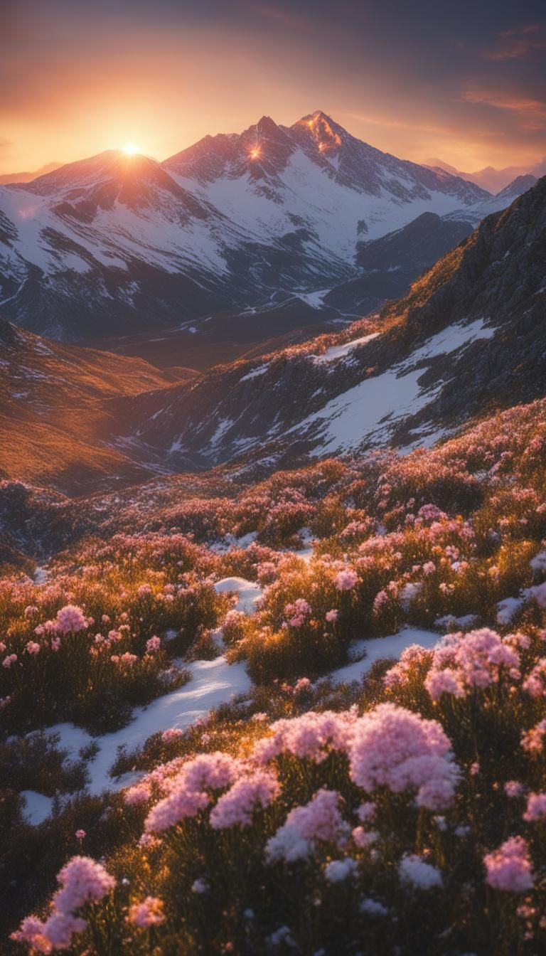 Mountain Sunset with Flowers and Snow