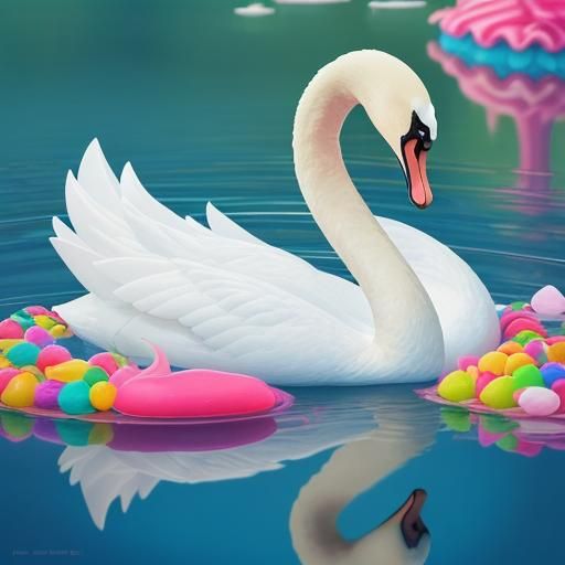 Swan in Lake: Candy Art Style Digital Illustration