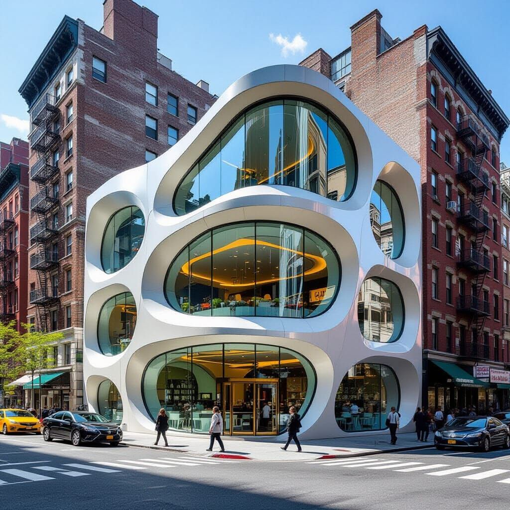 Futuristic Restaurant Facade in Neoclassical Style