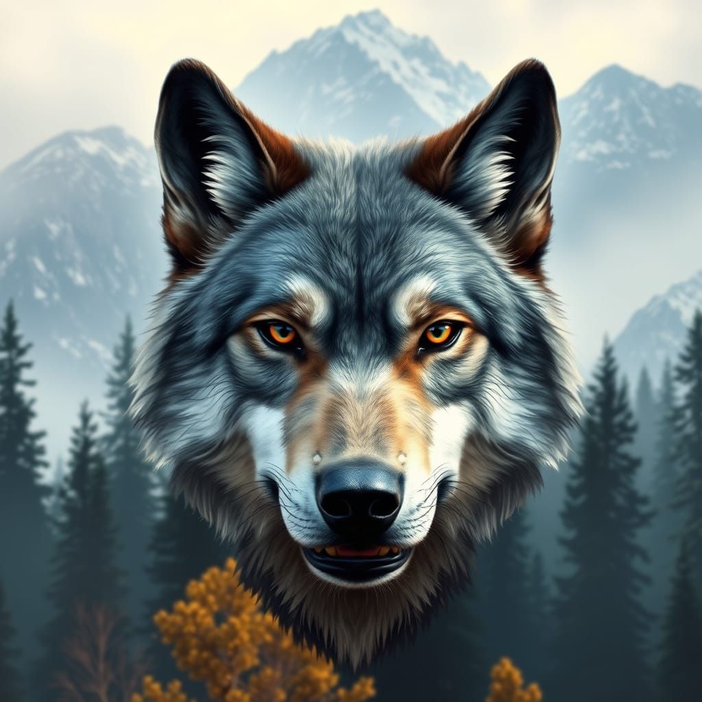 A detailed and intricately designed wolf's head in a fauvist...