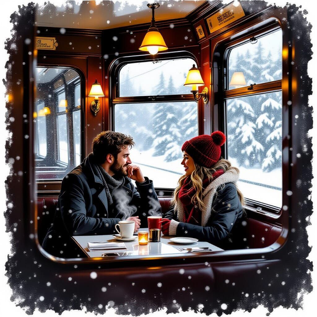 Couple's Quiet Moment in Snowy Train Dining Car