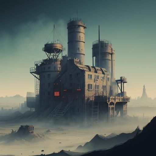 Broken Mill: Ink Painting Retrofuturism Concept Art