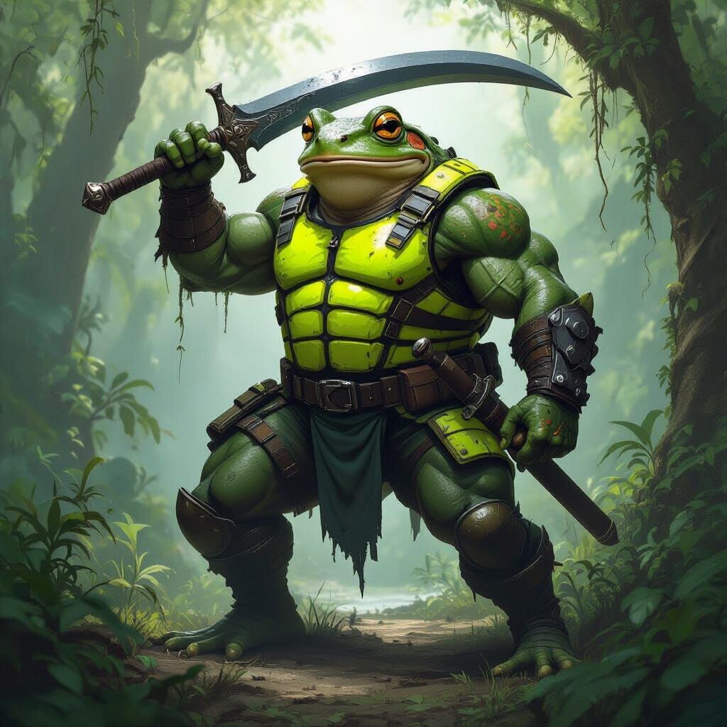 Brawny Frog Warrior with Falchion in Forest
