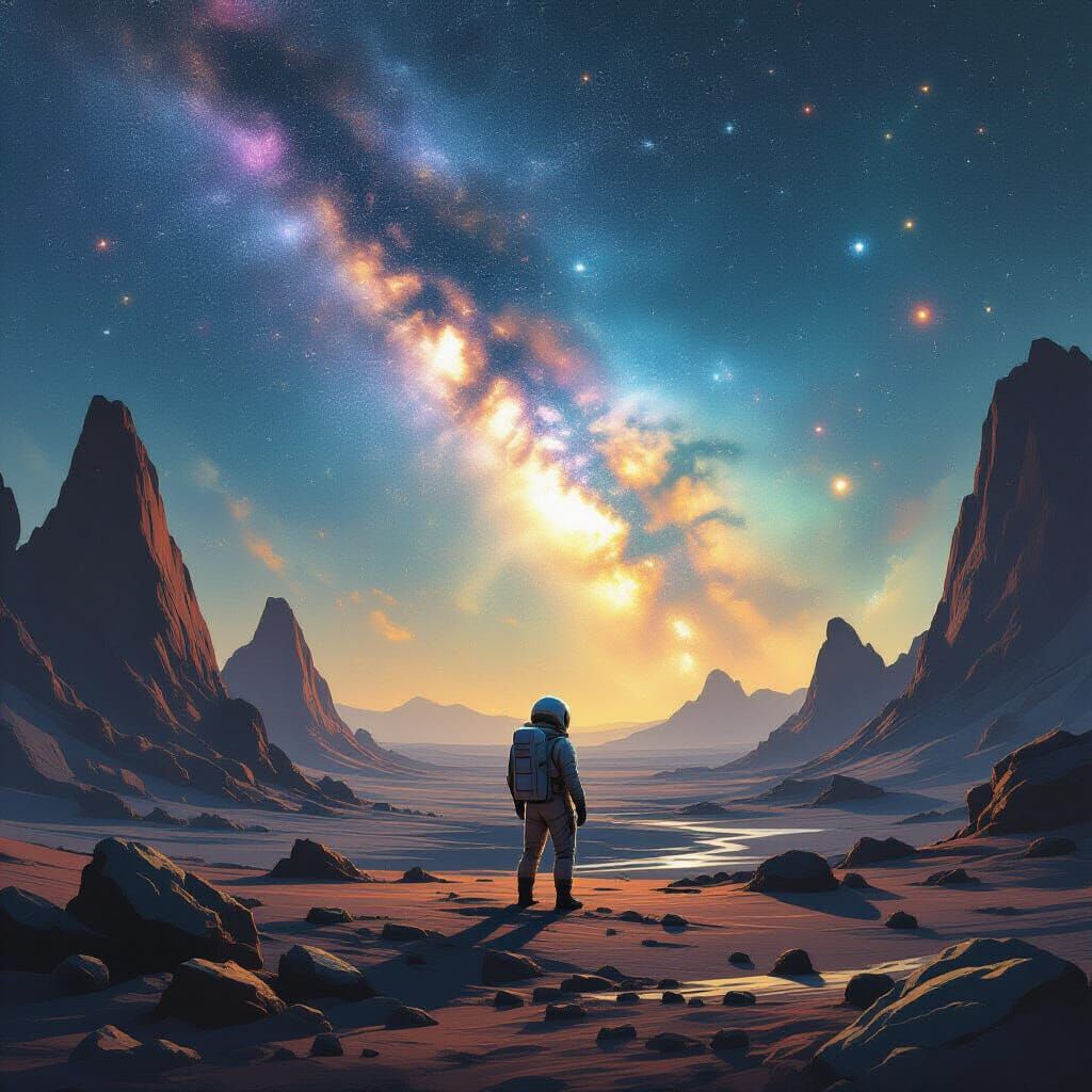 Astronaut Gazes at Nebula on Alien Planet