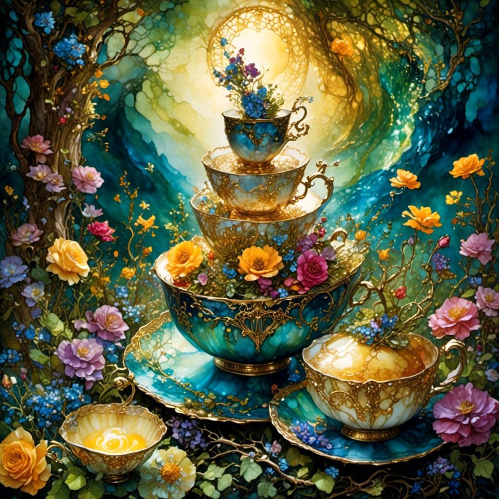 Fantasy Tea Party with Detailed Ink Illustration