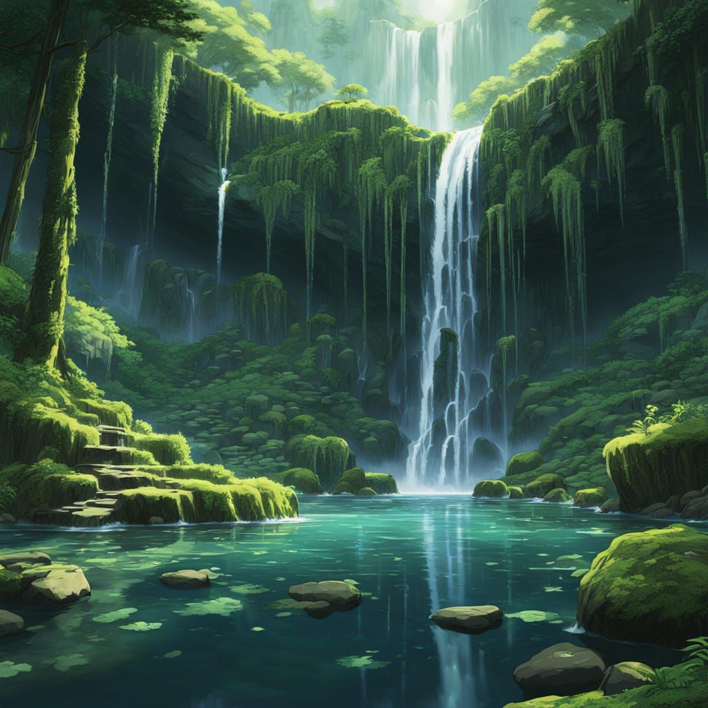 A majestic waterfall cascading down moss-covered rocks into ...