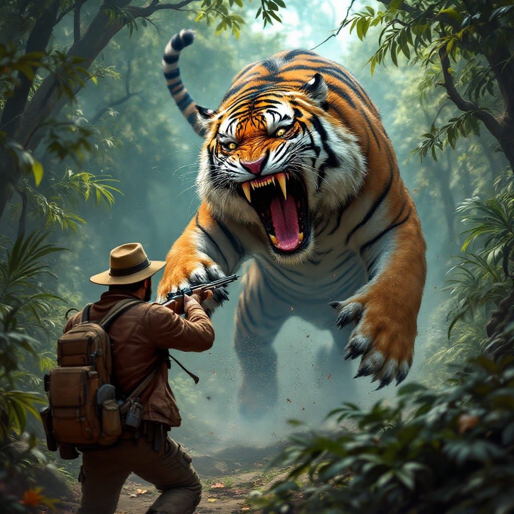 Tiger Attack in Jungle with Hunter, 3D Pixar Style