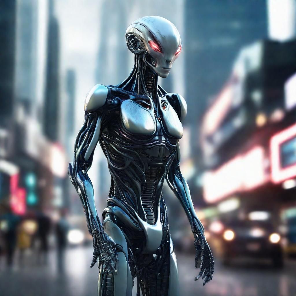 Hyperrealistic Alien Cyborg in Sci-Fi Cityscape