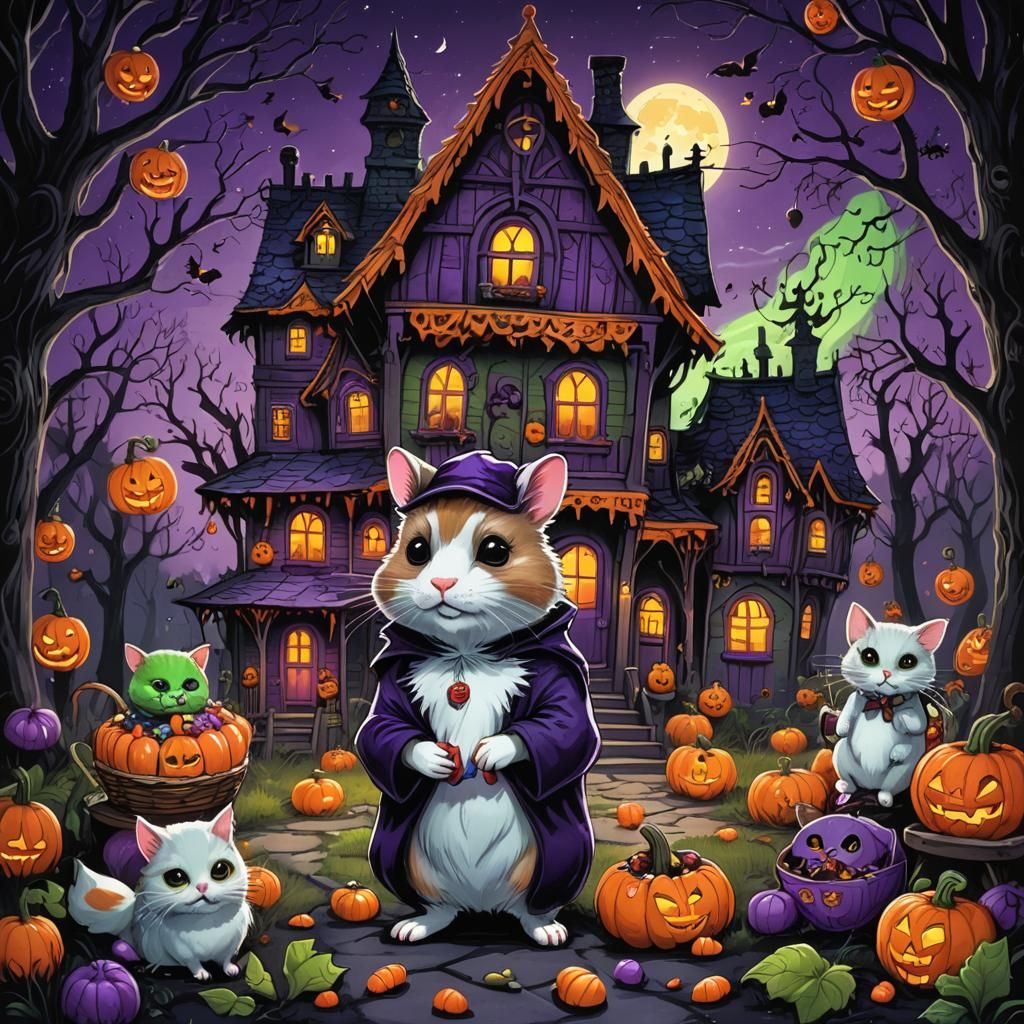 Hamster and Cat's Halloween: Dark Fantasy Art