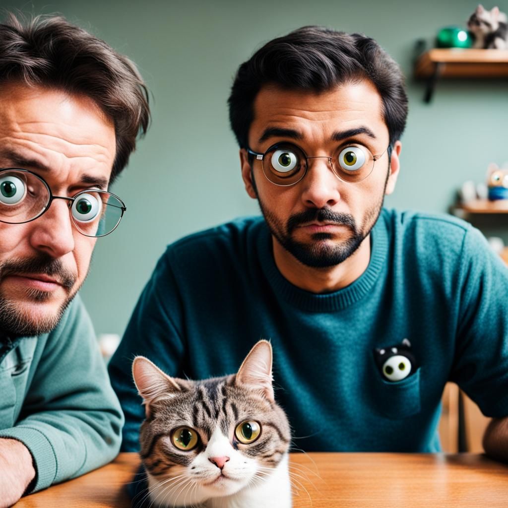 Man Stares at Googly-Eyed Cat