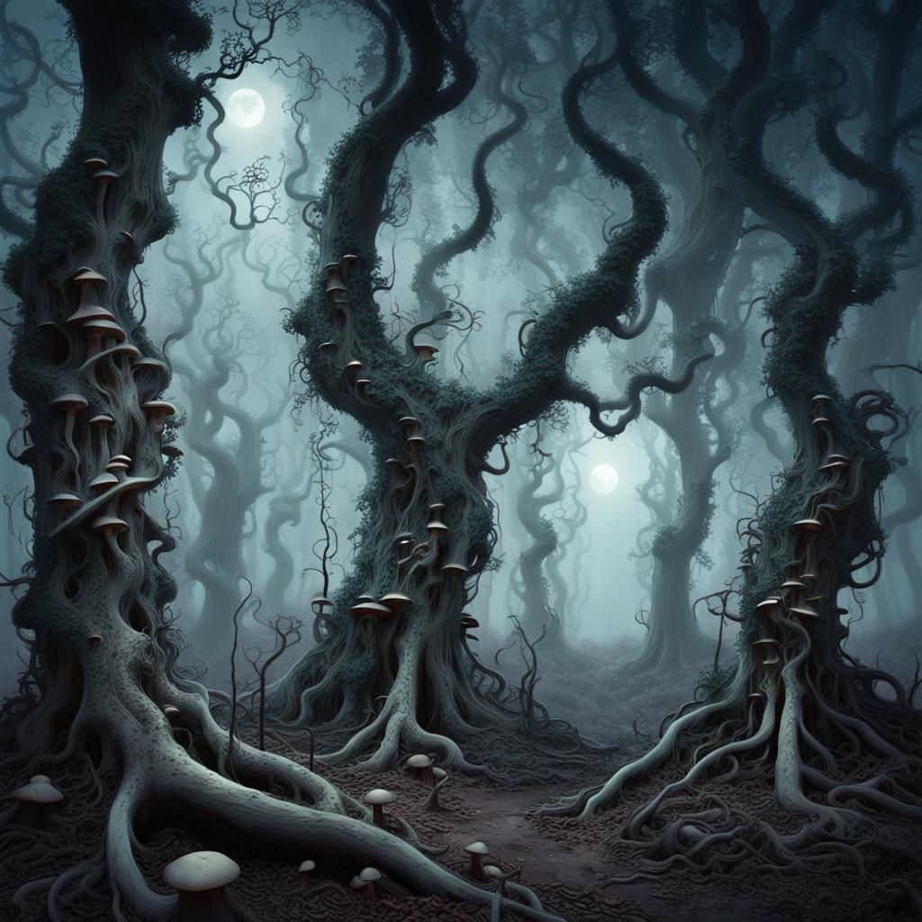 Ethereal Forest with Glowing Mushrooms in Surrealist Style