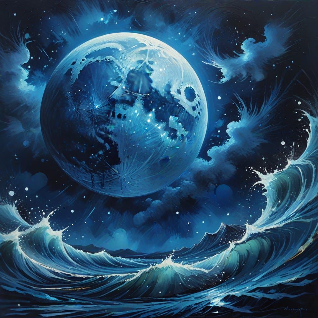 Aquatic Blue Moon in Gouache Style