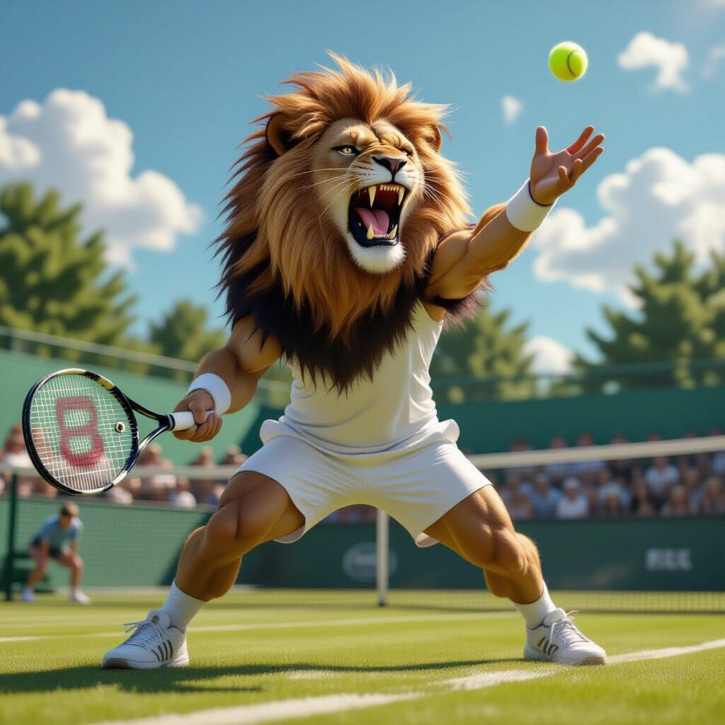 Lion Serves at Wimbledon: Hyperrealistic Digital Art