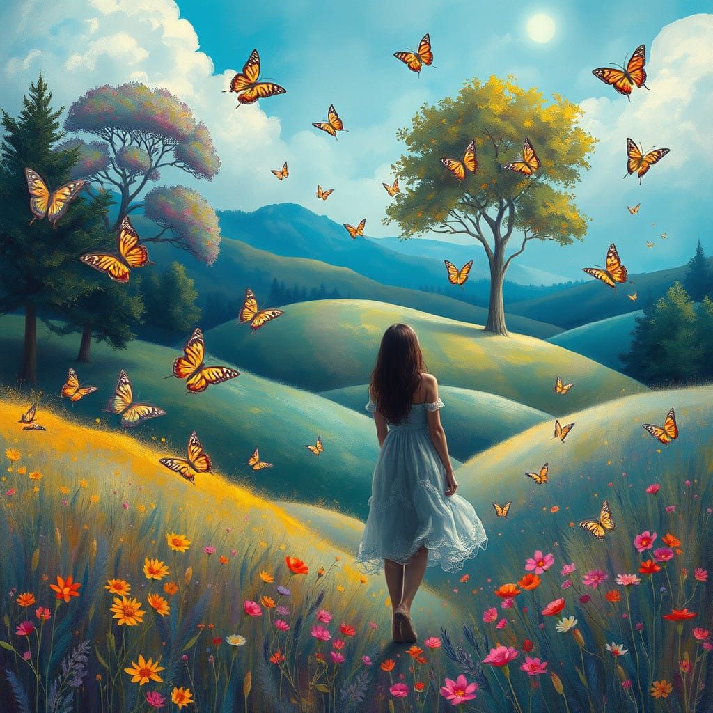 Ethereal Landscape with Whimsical Butterflies and Wildflower...