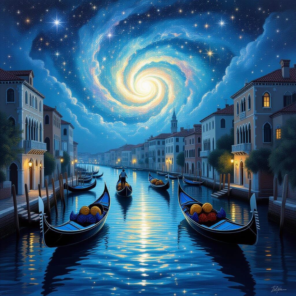 Twilight Canal With Star Nebula Reflections, Seashell Gondol...