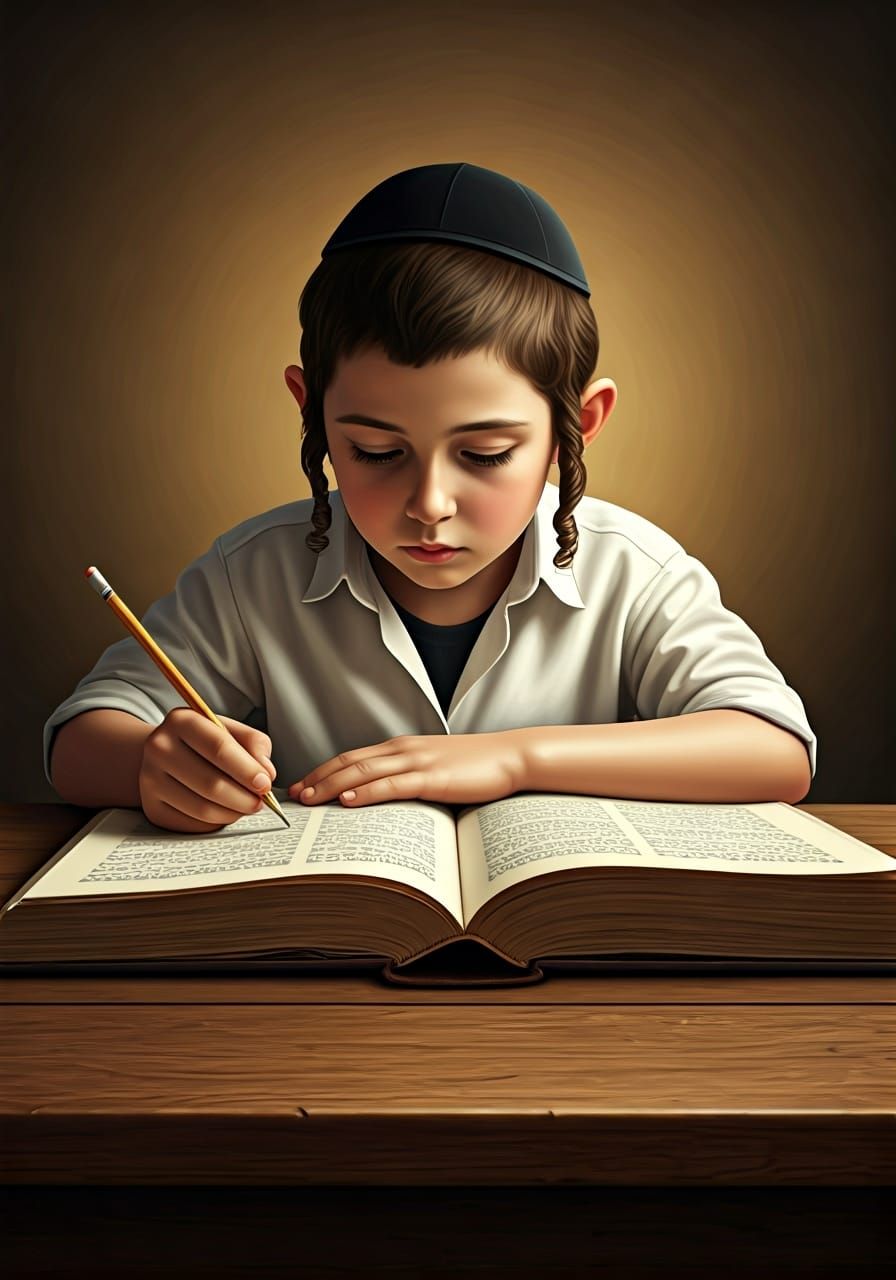 Young Hasidic Boy Studying Torah: Digital Illustration