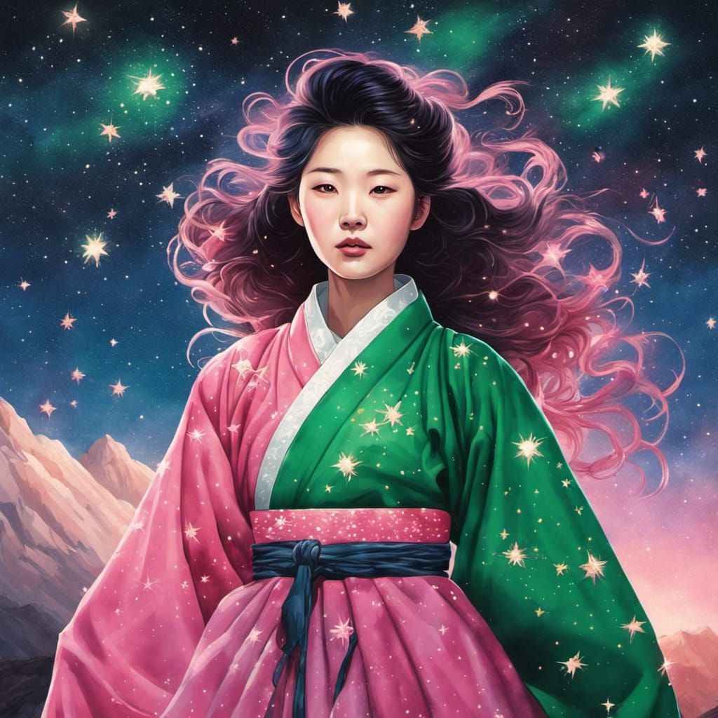 Korean Woman with Star Hair in Starry Night