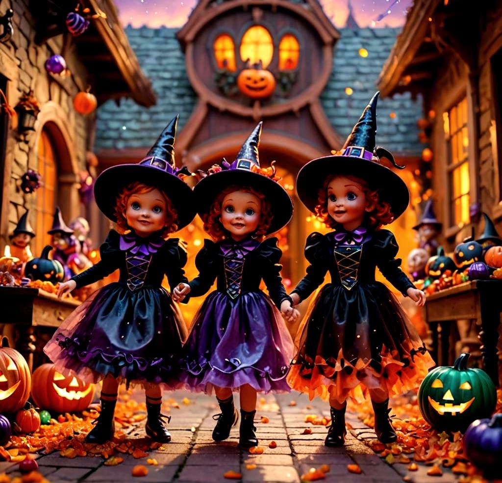 Adorable Baby Witches Dancing in a Candy Halloween