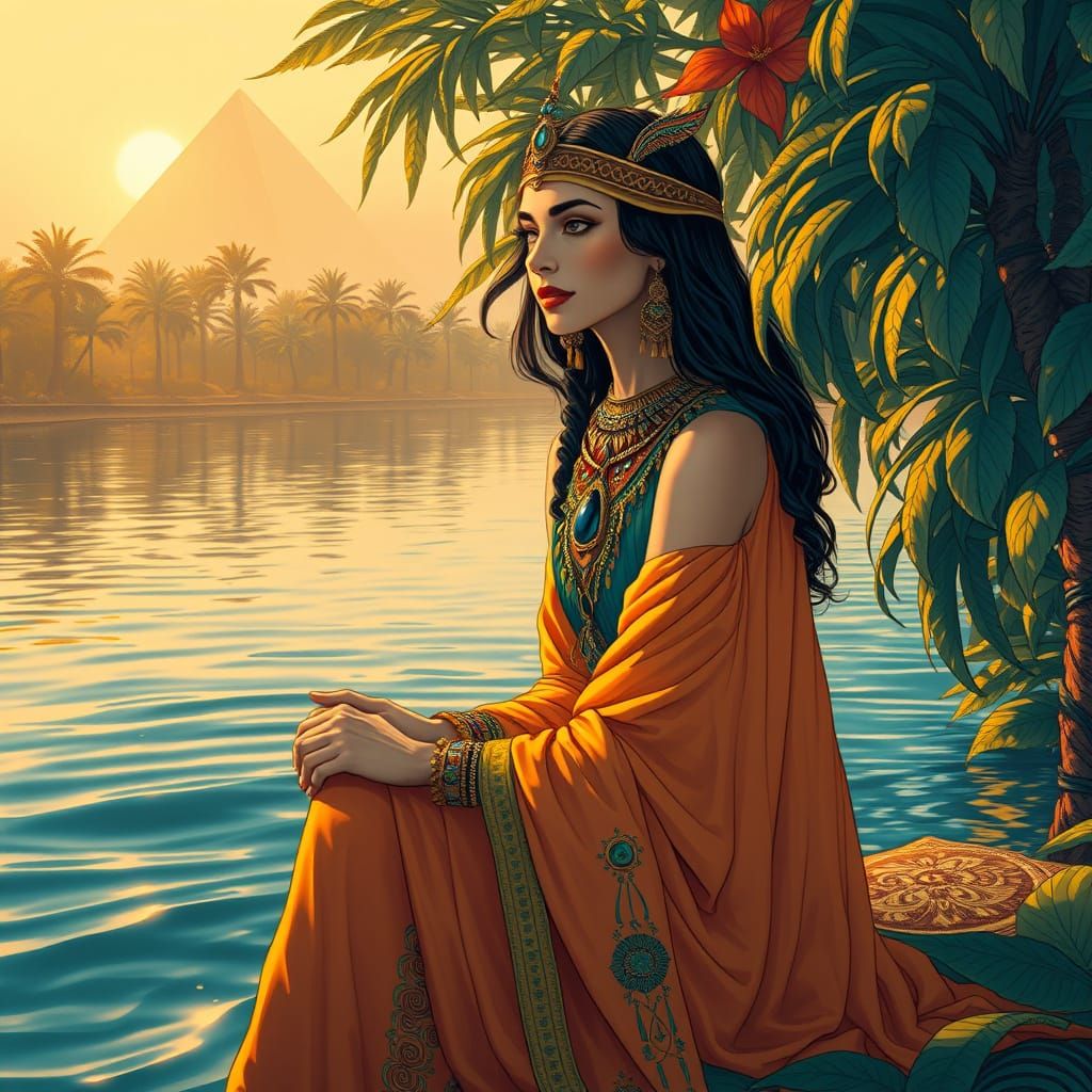 Surreal Priestess Basks in Golden Hues by the Nile