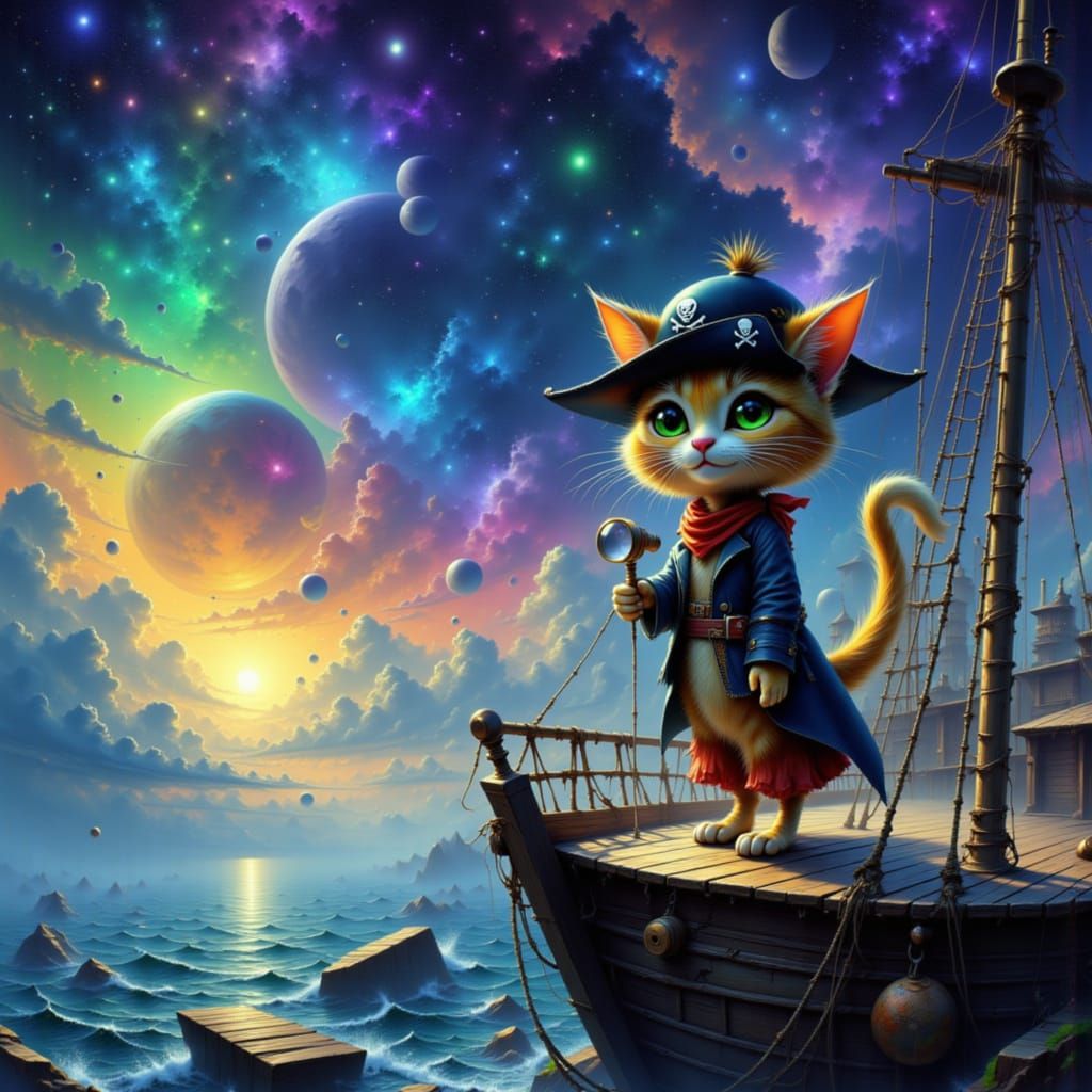 Anthropomorphic Cat Pirate on Dreamlike Sea, Disney Pixar St...
