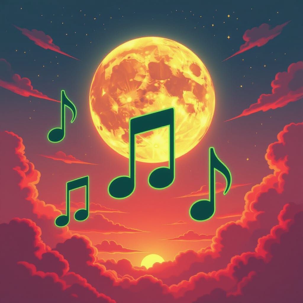 Neon Music Notes in Vibrant Sunset Sky with Full Moon