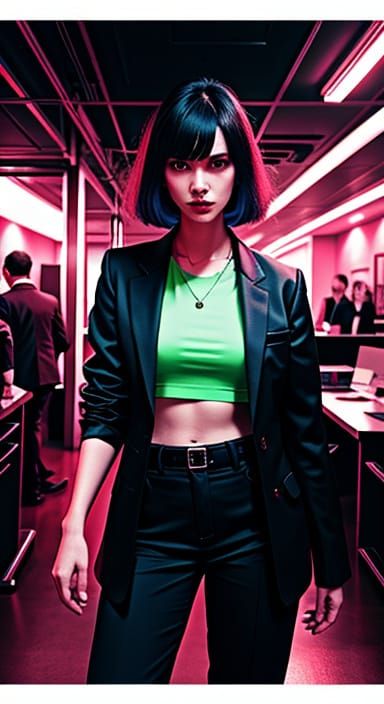 Cyberpunk Woman in Distress, Futuristic Surveillance Art