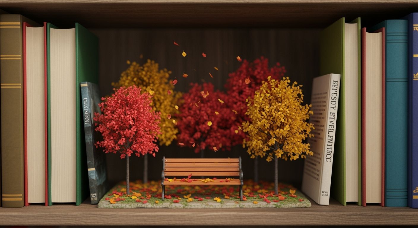 Miniature Autumn Park Diorama on Bookshelf