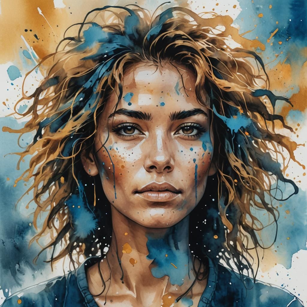 Ink Splatter Portrait: Expressive Ink Painting of a Woman
