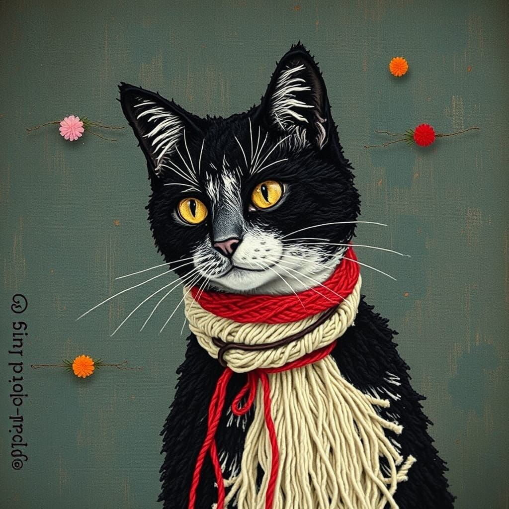 Yarn-Bombed Cat Art Installation: Mixed Media