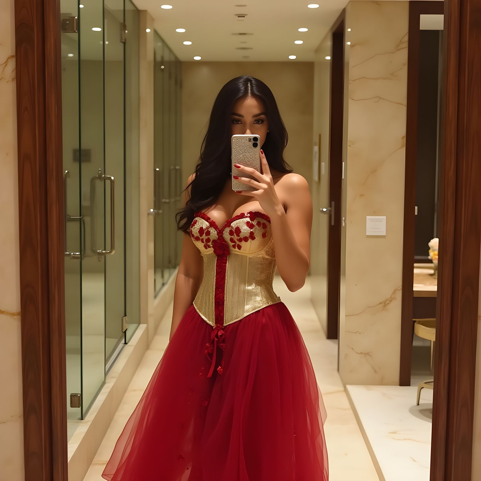 Glamorous Woman in Elegant Bathroom, Gold Corset, Red Floral...