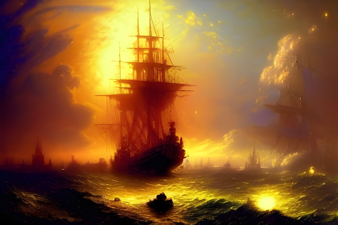 Mystical Pirate Ship in Detailed Oil Painting Style