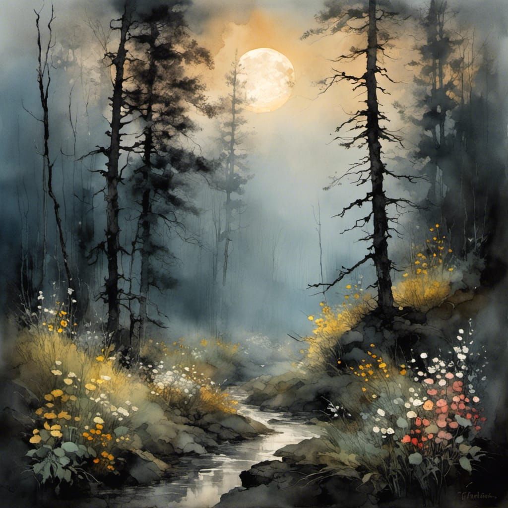 Misty Forest Landscape in Gouache Style