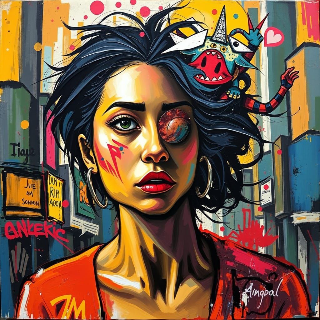 Vibrant City Goddess in Expressive Abstract Style