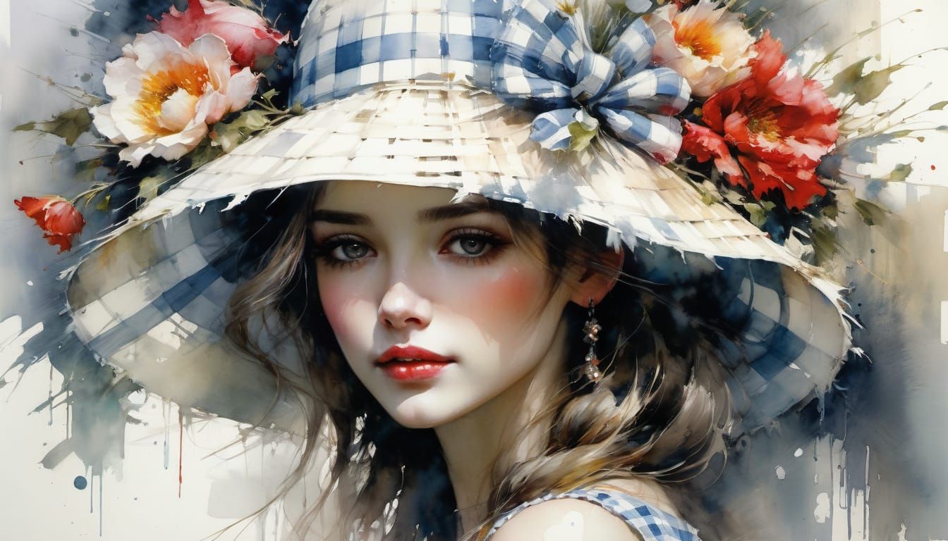 Woman in Whimsical Gingham Hat, Fine Art Watercolor