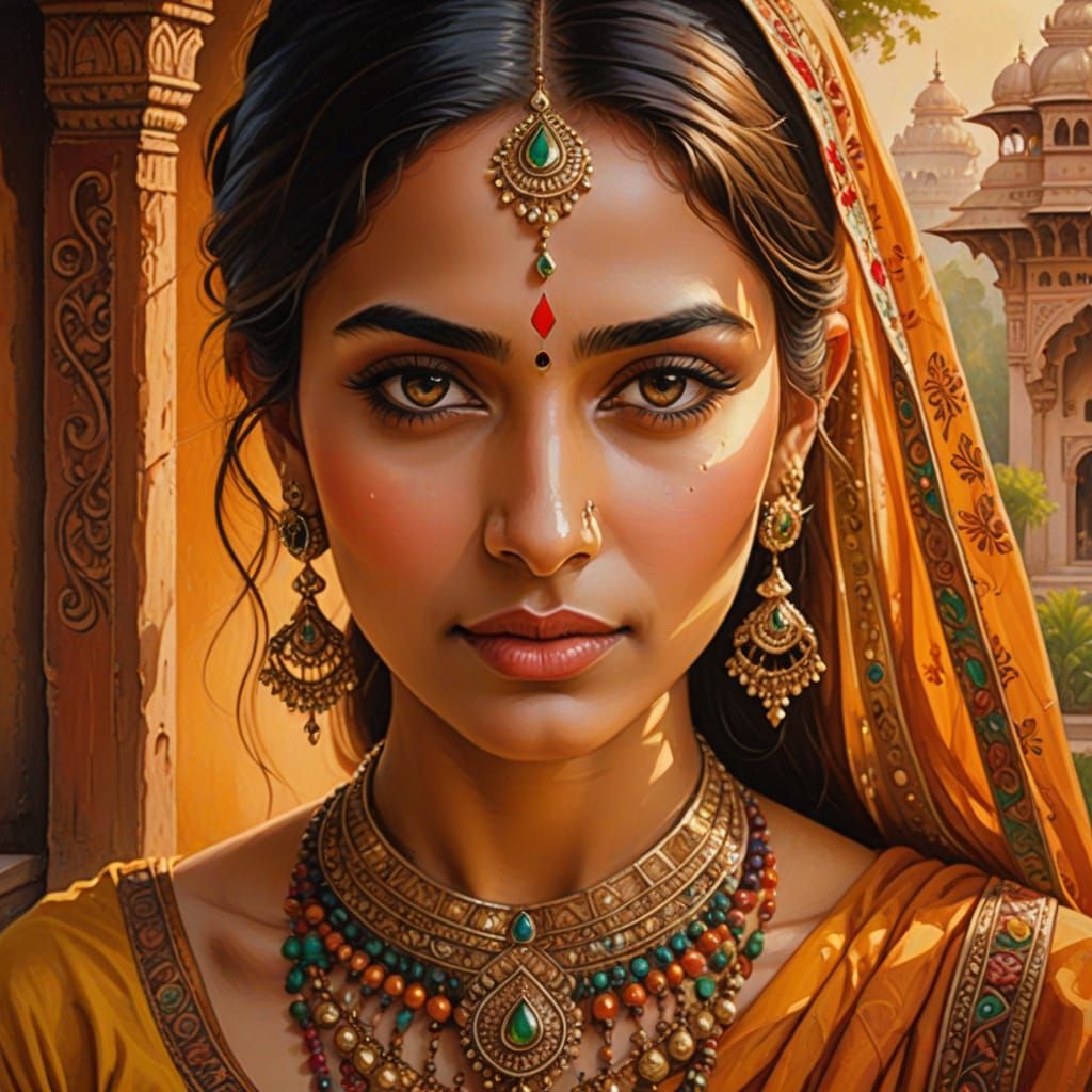 Elegant Indian Woman in Vibrant Oil Painting
