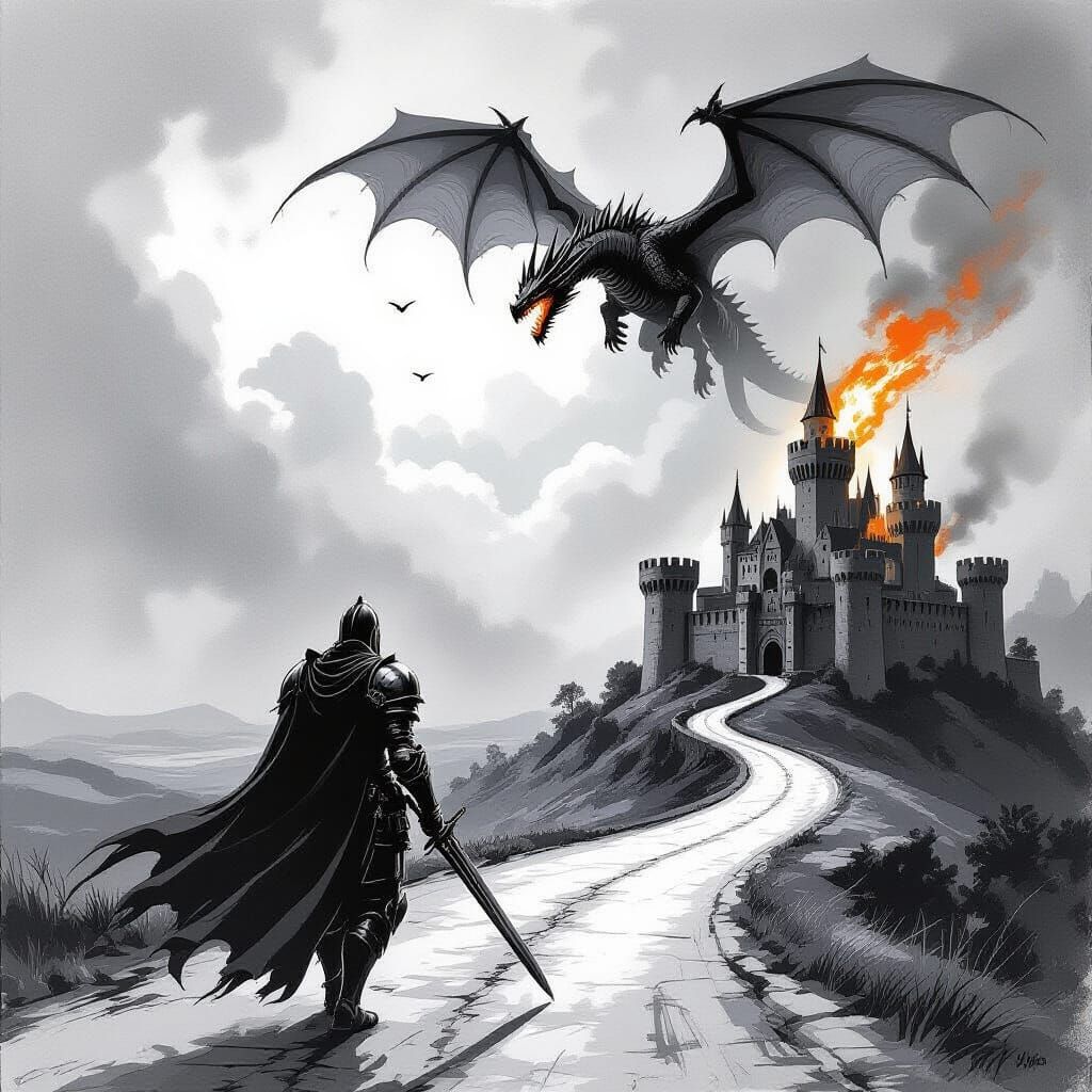 Black Knight Dragon Castle: Dramatic Black and White Sketch
