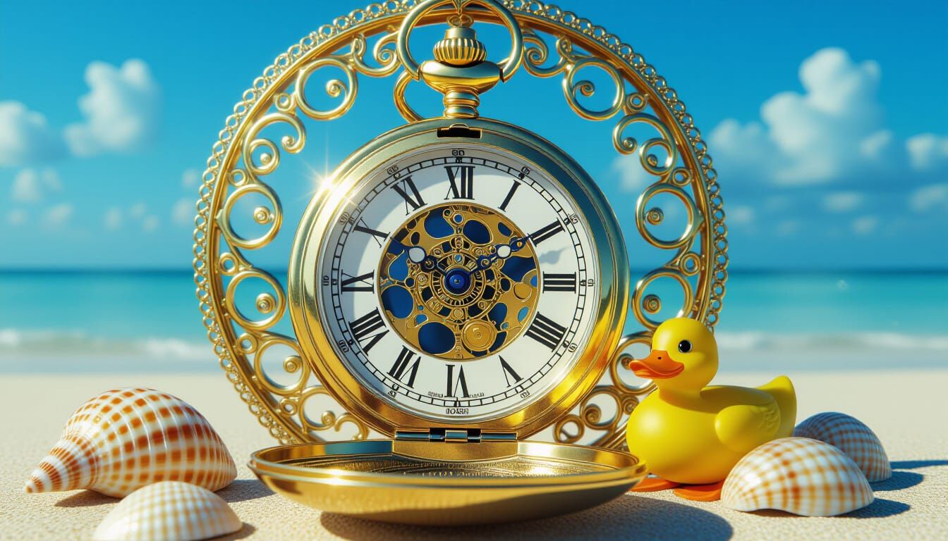 Antique Gold Pocket Watch with Beach Accessories