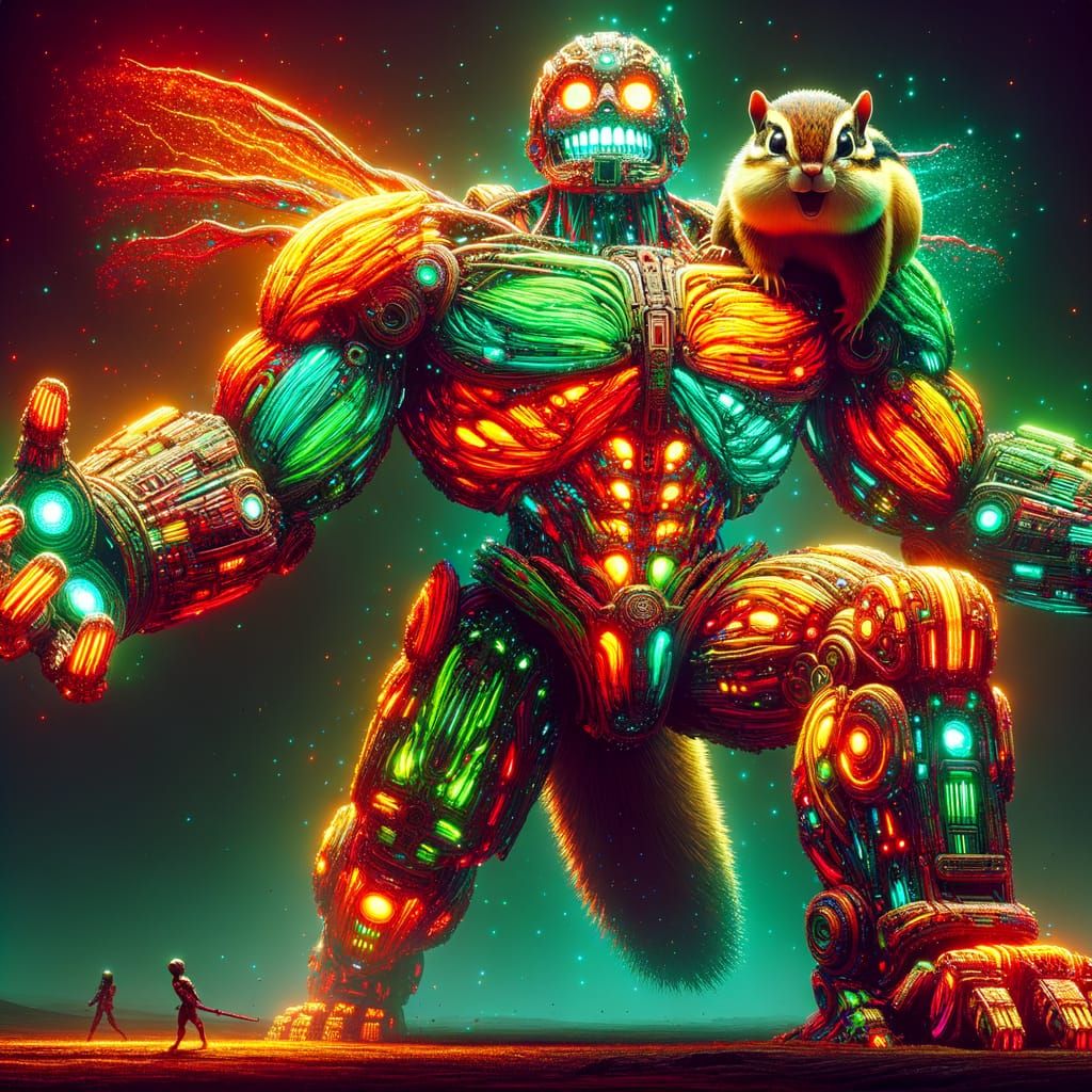 Glowing Titan Rides Electric Chipmunk Amidst Glowing Trees i...