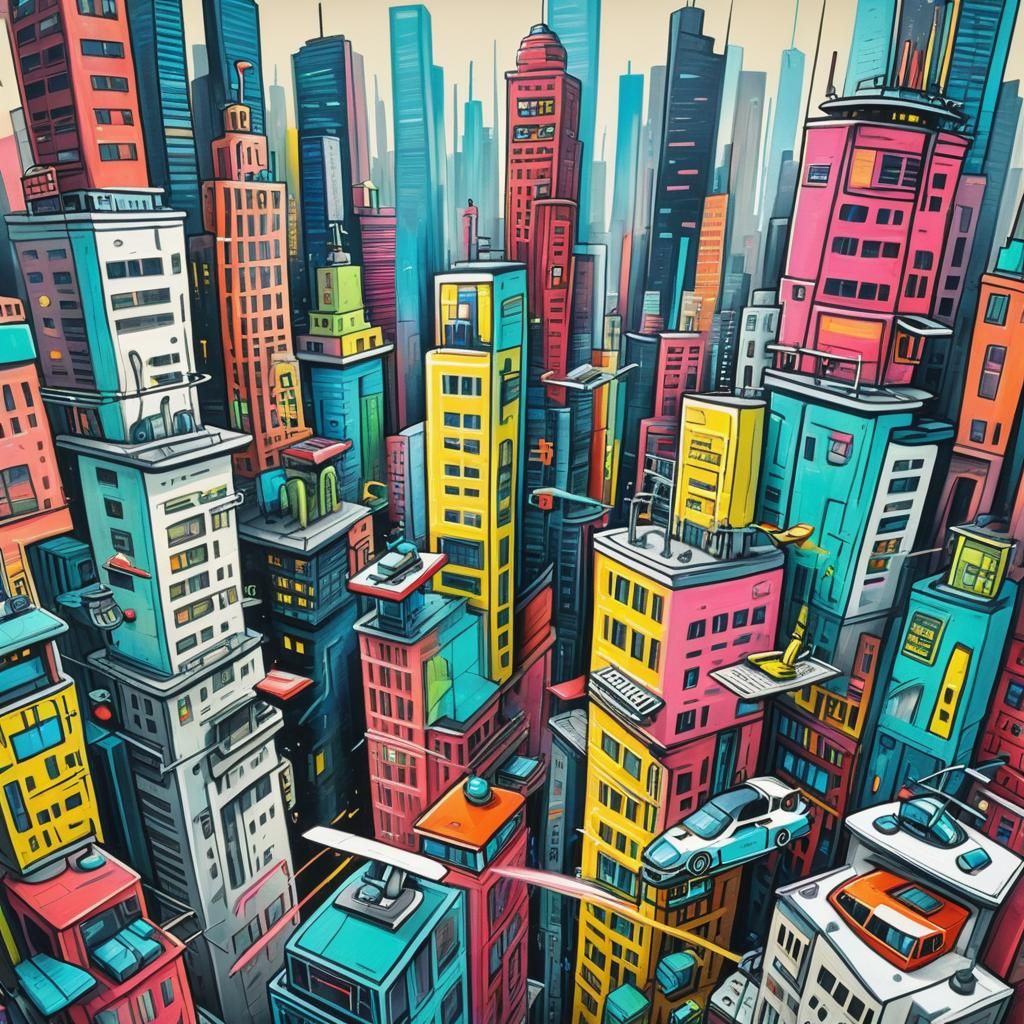 Futuristic City in Colored Pencil, Basquiat Style
