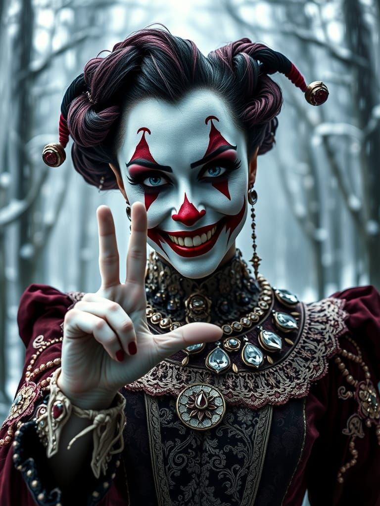 Harlequin Woman's Sinister Smile in Winter Forest