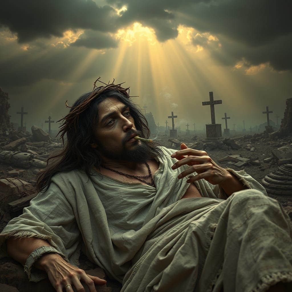 Undead Jesus Smoking in Post-Apocalyptic Ruins
