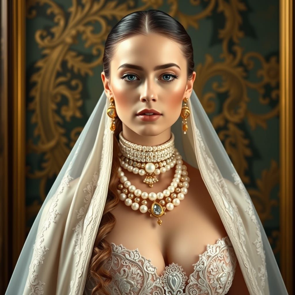 Elegant Young Woman in Lavish Royalistic Gown with Geometric...