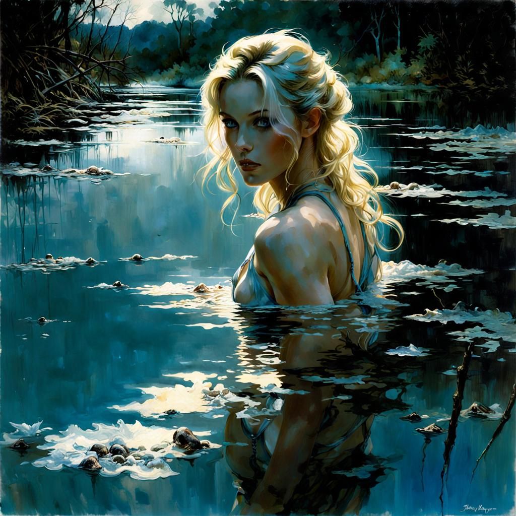 Blonde Woman in Lake at Night: Fantasy Art