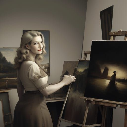 1940s Calendar Girl Portrait in Artist Studio Oil Painting